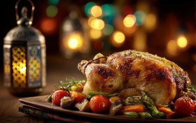 A roasted chicken with vegetables on a wooden platter