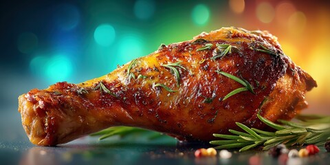 A piece of chicken with herbs on it