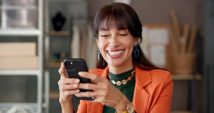Laughing, woman and online with smartphone, startup and reading reviews on social media or logistics. Scroll, positive feedback and mature person with mobile in small business, distribution and boxes