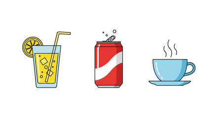 Colorful beverage icons: soda can, lemonade glass, and steaming coffee cup