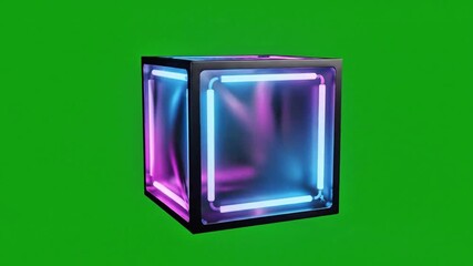 Dynamic cube with vibrant neon lights glowing against a green screen backdrop bringing a modern, futuristic vibe perfect for tech projects - Powered by Adobe