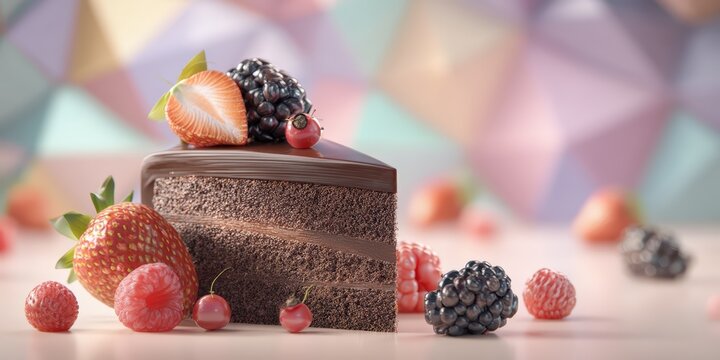 A chocolate cake with strawberries and raspberries on top