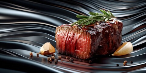 A piece of meat with garlic and rosemary on top