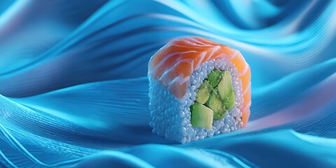 A piece of sushi with avocado and cucumber on top