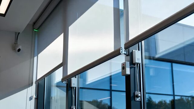 Dynamic sensordriven sun shading system extending over a glass window to reduce glare and heat indoors.