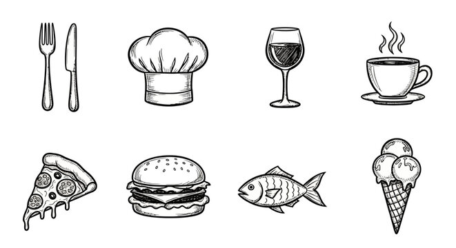 Hand drawn food icons: culinary delights in sketch style