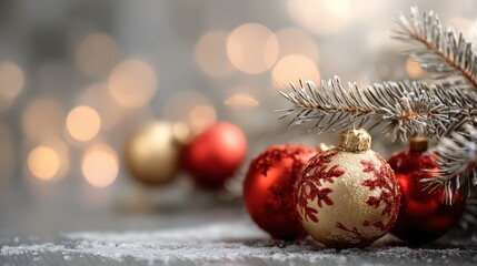 A bunch of red and gold Christmas ornaments on a table