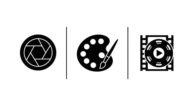 Creative icons set: camera, palette, and video editing tools in minimalist design