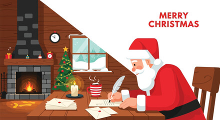 Santa claus writing letters by a cozy fireplace with a decorated christmas tree and snowy window