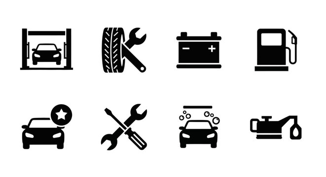 Automotive silhouette icons for vehicle maintenance and repair services