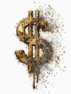 Golden dollar sign disintegrating into dust symbolizing financial decay and economic instability
