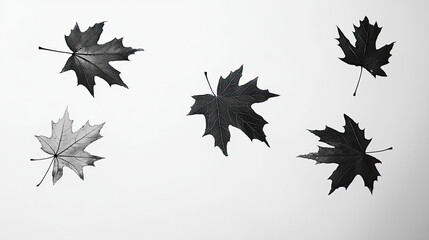 Black leaves arranged artistically on white background create striking visual contrast. unique shapes and textures of leaves add depth and interest to composition