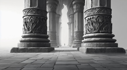 Majestic ancient stone pillars leading to grand archway in atmospheric mist