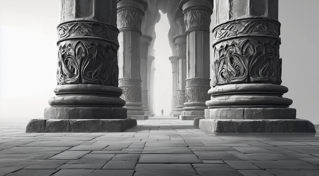 Majestic ancient stone pillars leading to grand archway in atmospheric mist
 - Powered by Adobe