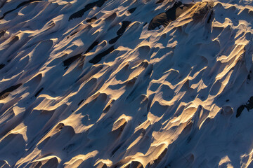 Aerial view of pumice stone fields at sunset