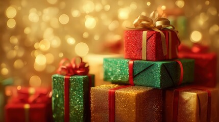 A stack of presents with a green box on top