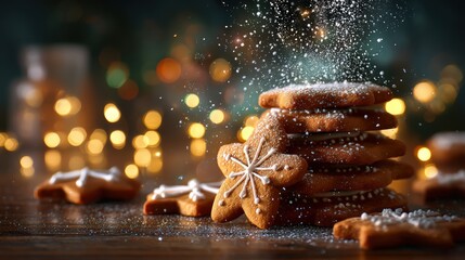 A stack of gingerbread cookies with white icing and snowflakes on top