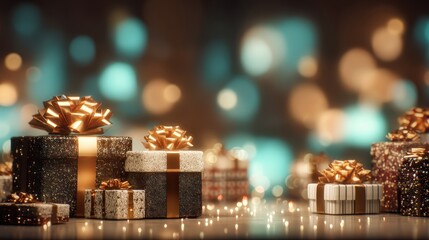 A stack of presents with a bow on top