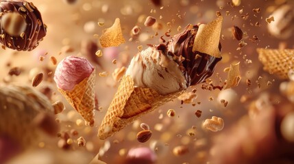 A waffle cone with ice cream and nuts is flying through the air