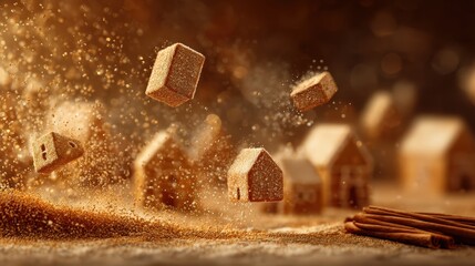 A pile of houses made of sugar and cinnamon