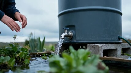 Medium shot of a homeowner manually opening the valve of an aboveground rainwater barrel to water garden plants on a cloudy day.