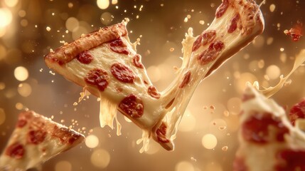 A slice of pizza is being pulled apart