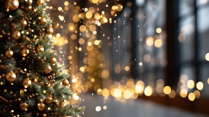 A Christmas tree with gold ornaments