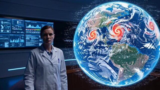 Scientist studies global weather patterns on futuristic holographic display. - Powered by Adobe
