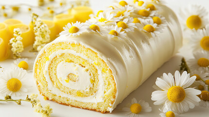 Lemon cream roll cake decorated with white flowers and yellow accents, creating delightful and cheerful dessert perfect for celebrations
