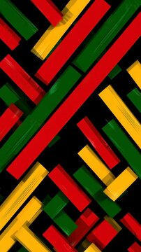 Red yellow green abstract geometric pattern on black background, celebrating cultural diversity and heritage, vibrant design inspiration, bold color arrangement, Black History Month art concept