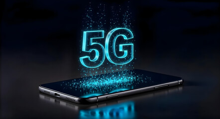 Mobile Phone Displaying Floating 5G Hologram, Digital Network Visualization