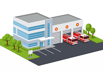 Fototapeta premium Modern Fire Station with Red Fire Trucks, Isometric View