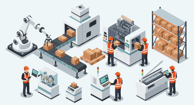 Isometric industrial automation robots, conveyors, workers, and warehouse components in a factory