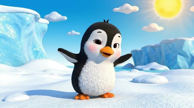 Adorable baby penguin waddling happily across snowy Arctic landscape in cheerful animated children's video footage for heartwarming stories