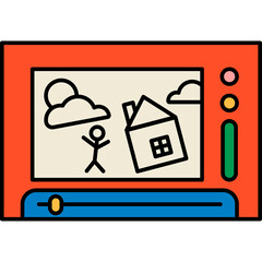 Retro Toy Drawing Pad With Orange Frame Showing A Stick Figure House Sun And Clouds In A Stylized Landscape With Colorful Buttons On The Side And A Blue Lower Section