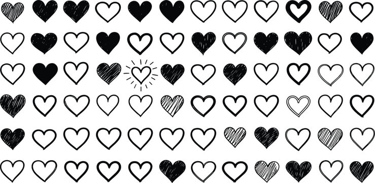 Collection of hand-drawn hearts, showcasing different styles and textures, a symbol of love and affection