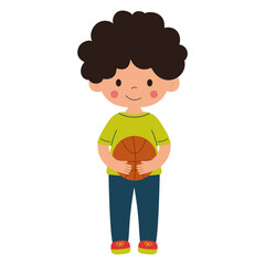 Cute little boy with ball in his hands. Cheerful little sportsman isolated on white background. Vector illustration