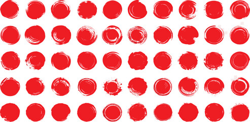 A diverse grid of abstract red hand-drawn brush stroke circles, textured paint splatters, and organic ink blots on a white background, perfect for grunge graphics and artistic design elements