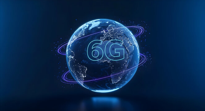 6G Technology Concept — Holographic Symbol Floating Above Earth Globe