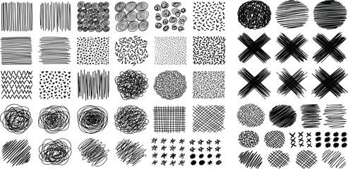 Varied hand-drawn scribble patterns and abstract ink textures. A versatile collection of black and white doodle elements, perfect for grunge backgrounds and creative design overlays
