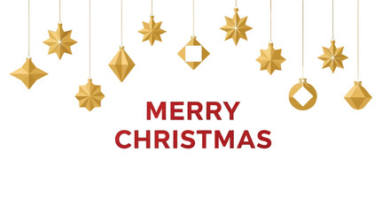 Elegant gold geometric christmas ornaments hang above bold red merry christmas text