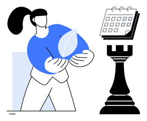 Woman holding leaf alongside chess rook and calendar. Ideal for sustainability, strategic planning, time management, leadership, business strategy, eco-consciousness, and simple flat metaphor