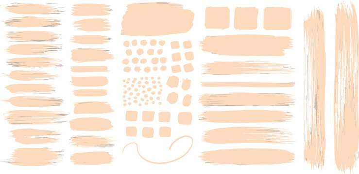A comprehensive collection of delicate peach-beige digital brush strokes, abstract paint dabs, and artistic design elements for creative graphic projects and elegant backgrounds