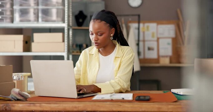 Laptop, black woman and reading checklist for logistics, inventory or fashion supply chain. Ecommerce, clipboard and entrepreneur with computer for delivery document, typing or shipping in office
