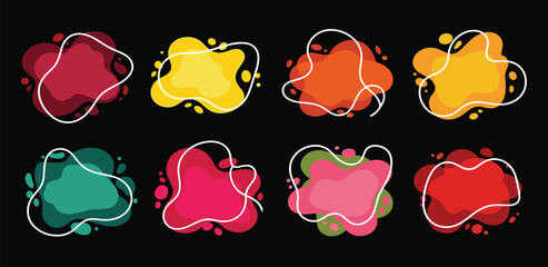 Abstract liquid shapes set on black background, vibrant blob design elements for creativity and decoration