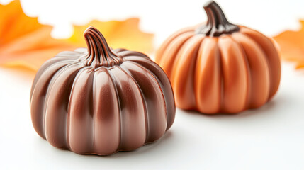 Brown and orange pumpkin shaped decorations with autumn leaves create festive . These vibrant pieces add seasonal touch to any setting, perfect for fall celebrations