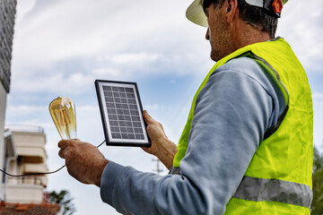 Man holding a solar panel outdoors with safety gear