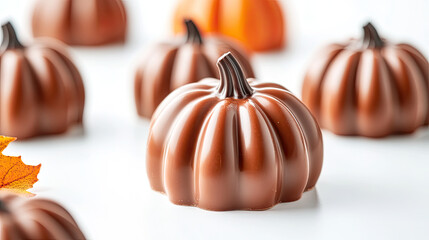 Chocolate pumpkin shaped candies arranged on white surface, evoking festive autumn feel. rich brown color and unique shape make them perfect for seasonal celebrations