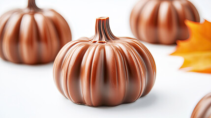 Chocolate pumpkin shaped candies with glossy finish, perfect for autumn celebrations. Their rich color and unique design make them delightful treat for any occasion