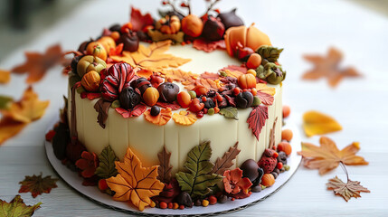 Autumn themed cake decorated with colorful leaves, pumpkins, and berries, perfect for seasonal celebrations. vibrant colors and intricate details create festive